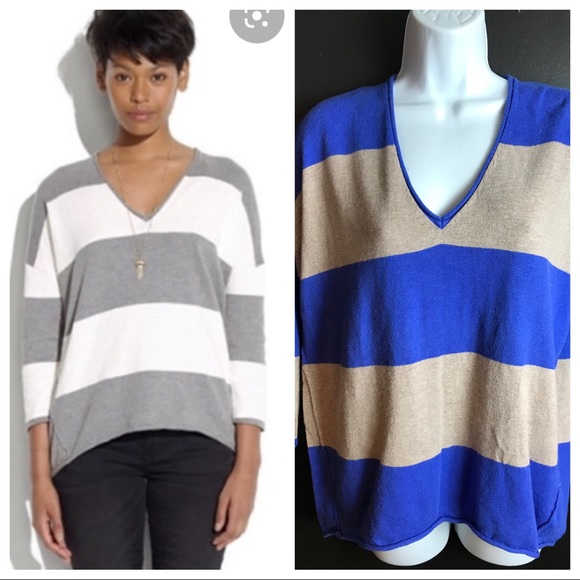 J.Crew WALLACE Winter Break Sweater Striped V-neck Knit Periwinkle Blue Tan - Picture 1 of 10